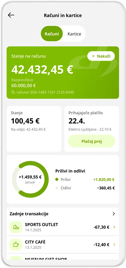 DH Mobilni: zaslon Računi in kartice s stanjem, prilivi in odlivi ter zadnjimi transakcijami